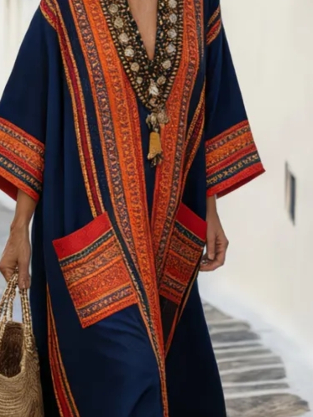 Embroidered Navy Kaftan with Orange Trim